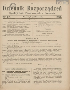 Dziennik Rozporządzeń Dyrekcji Kolei Państwowych w Poznaniu 1921.10.01 Nr67