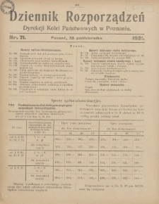 Dziennik Rozporządzeń Dyrekcji Kolei Państwowych w Poznaniu 1921.10.22 Nr71