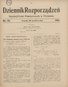 Dziennik Rozporządzeń Dyrekcji Kolei Państwowych w Poznaniu 1921.10.29 Nr72
