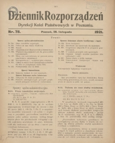 Dziennik Rozporządzeń Dyrekcji Kolei Państwowych w Poznaniu 1921.11.26 Nr78