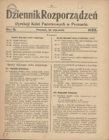 Dziennik Rozporządzeń Dyrekcji Kolei Państwowych w Poznaniu 1922.01.14 Nr5