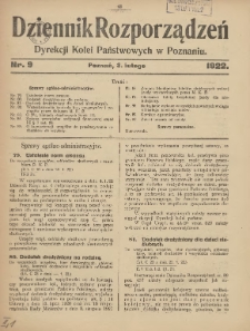 Dziennik Rozporządzeń Dyrekcji Kolei Państwowych w Poznaniu 1922.02.03 Nr9