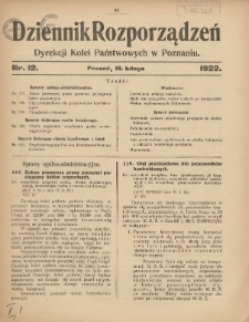 Dziennik Rozporządzeń Dyrekcji Kolei Państwowych w Poznaniu 1922.02.18 Nr12