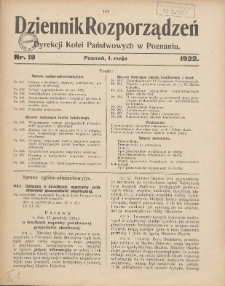 Dziennik Rozporządzeń Dyrekcji Kolei Państwowych w Poznaniu 1922.05.01 Nr19