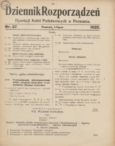 Dziennik Rozporządzeń Dyrekcji Kolei Państwowych w Poznaniu 1922.07.01 Nr27