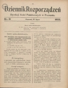 Dziennik Rozporządzeń Dyrekcji Kolei Państwowych w Poznaniu 1922.07.27 Nr31