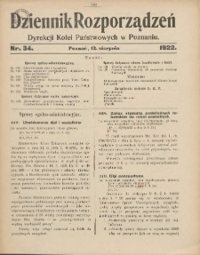 Dziennik Rozporządzeń Dyrekcji Kolei Państwowych w Poznaniu 1922.08.12 Nr34
