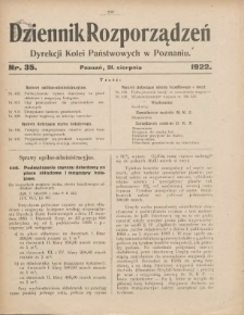 Dziennik Rozporządzeń Dyrekcji Kolei Państwowych w Poznaniu 1922.08.21 Nr35