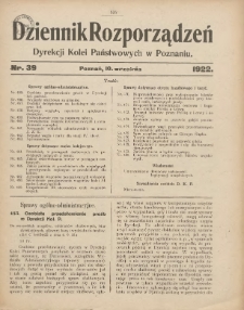 Dziennik Rozporządzeń Dyrekcji Kolei Państwowych w Poznaniu 1922.09.10 Nr39