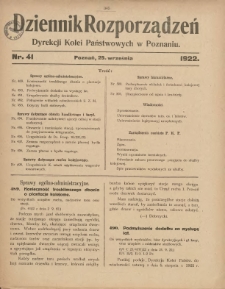 Dziennik Rozporządzeń Dyrekcji Kolei Państwowych w Poznaniu 1922.09.25 Nr41