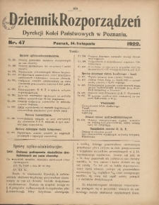 Dziennik Rozporządzeń Dyrekcji Kolei Państwowych w Poznaniu 1922.11.14 Nr47