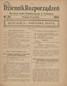 Dziennik Rozporządzeń Dyrekcji Kolei Państwowych w Poznaniu 1922.12.27 Nr53