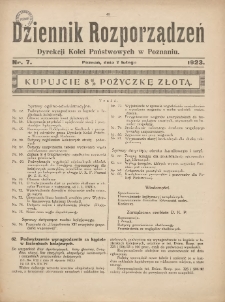 Dziennik Rozporządzeń Dyrekcji Kolei Państwowych w Poznaniu 1923.02.07 Nr7