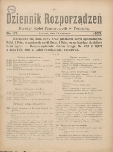 Dziennik Rozporządzeń Dyrekcji Kolei Państwowych w Poznaniu 1923.06.28 Nr27