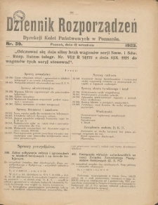 Dziennik Rozporządzeń Dyrekcji Kolei Państwowych w Poznaniu 1923.09.12 Nr39