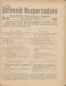 Dziennik Rozporządzeń Dyrekcji Kolei Państwowych w Poznaniu 1923.09.12 Nr39