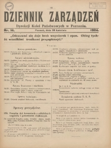 Dziennik Zarządzeń Dyrekcji Kolei Państwowych w Poznaniu. 1924.04.30 Nr14