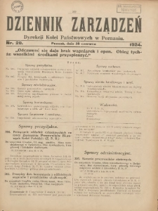 Dziennik Zarządzeń Dyrekcji Kolei Państwowych w Poznaniu. 1924.06.28 Nr20