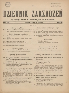 Dziennik Zarządzeń Dyrekcji Kolei Państwowych w Poznaniu. 1925.02.10 Nr4