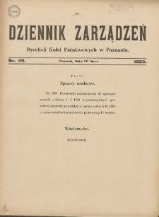 Dziennik Zarządzeń Dyrekcji Kolei Państwowych w Poznaniu. 1925.07.20 Nr20
