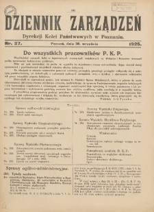Dziennik Zarządzeń Dyrekcji Kolei Państwowych w Poznaniu. 1925.09.30 Nr27