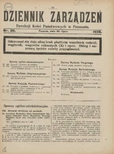 Dziennik Zarządzeń Dyrekcji Kolei Państwowych w Poznaniu. 1926.07.30 Nr20