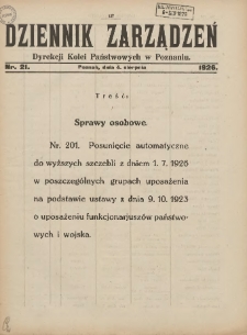 Dziennik Zarządzeń Dyrekcji Kolei Państwowych w Poznaniu. 1926.08.04 Nr21