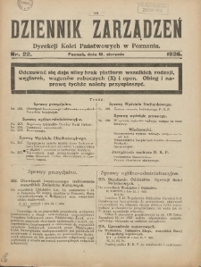 Dziennik Zarządzeń Dyrekcji Kolei Państwowych w Poznaniu. 1926.08.10 Nr22