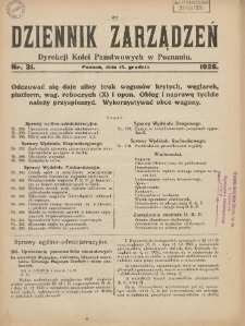 Dziennik Zarządzeń Dyrekcji Kolei Państwowych w Poznaniu. 1926.12.14 Nr31