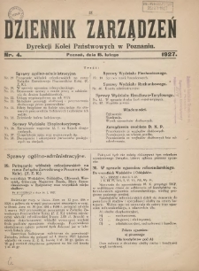 Dziennik Zarządzeń Dyrekcji Kolei Państwowych w Poznaniu. 1927.02.15 Nr4