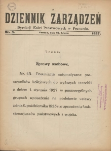 Dziennik Zarządzeń Dyrekcji Kolei Państwowych w Poznaniu. 1927.02.26 Nr5