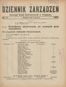 Dziennik Zarządzeń Dyrekcji Kolei Państwowych w Poznaniu. 1927.03.07 Nr7