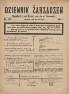 Dziennik Zarządzeń Dyrekcji Kolei Państwowych w Poznaniu. 1927.08.30 Nr22