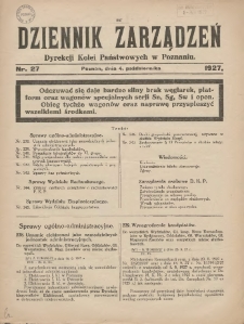 Dziennik Zarządzeń Dyrekcji Kolei Państwowych w Poznaniu. 1927.10.04 Nr27
