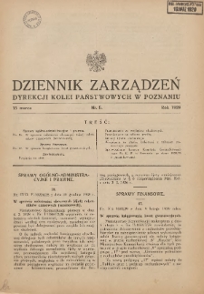 Dziennik Zarządzeń Dyrekcji Kolei Państwowych w Poznaniu. 1929.03.15 Nr5
