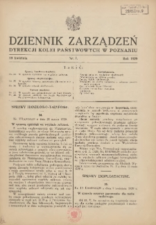 Dziennik Zarządzeń Dyrekcji Kolei Państwowych w Poznaniu. 1929.04.19 Nr7
