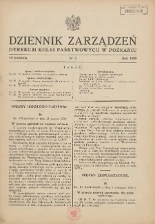 Dziennik Zarządzeń Dyrekcji Kolei Państwowych w Poznaniu. 1929.04.19 Nr7