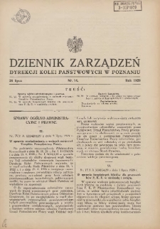 Dziennik Zarządzeń Dyrekcji Kolei Państwowych w Poznaniu. 1929.07.26 Nr14