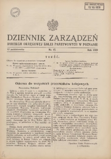 Dziennik Zarządzeń Dyrekcji Okręgowej Kolei Państwowych w Poznaniu. 1929.10.12 Nr18