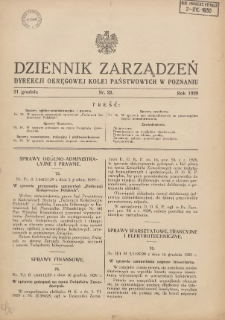 Dziennik Zarządzeń Dyrekcji Okręgowej Kolei Państwowych w Poznaniu. 1929.12.21 Nr22