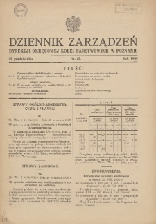 Dziennik Zarządzeń Dyrekcji Okręgowej Kolei Państwowych w Poznaniu. 1930.10.10 Nr15