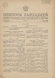 Dziennik Zarządzeń Dyrekcji Okręgowej Kolei Państwowych w Poznaniu. 1930.11.13 Nr17