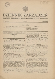 Dziennik Zarządzeń Dyrekcji Okręgowej Kolei Państwowych w Poznaniu. 1930.12.29 Nr19