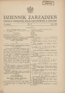 Dziennik Zarządzeń Dyrekcji Okręgowej Kolei Państwowych w Poznaniu. 1930.08.18 Nr13