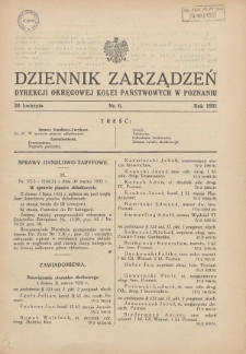 Dziennik Zarządzeń Dyrekcji Okręgowej Kolei Państwowych w Poznaniu. 1931.04.20 Nr6