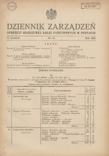 Dziennik Zarządzeń Dyrekcji Okręgowej Kolei Państwowych w Poznaniu. 1931.09.17 Nr13