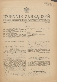 Dziennik Zarządzeń Dyrekcji Okręgowej Kolei Państwowych w Poznaniu. 1933.11.13 Nr7