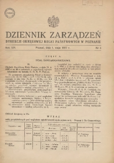 Dziennik Zarządzeń Dyrekcji Okręgowej Kolei Państwowych w Poznaniu. 1937.05.01 Nr3
