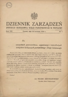Dziennik Zarządzeń Dyrekcji Okręgowej Kolei Państwowych w Poznaniu. 1939.04.14 Nr3