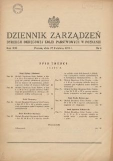 Dziennik Zarządzeń Dyrekcji Okręgowej Kolei Państwowych w Poznaniu. 1939.04.27 Nr4